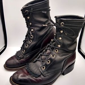 LAREDO Roper Wmns 7M BurgandyBlk Leather Western Laceup Boots*M012*